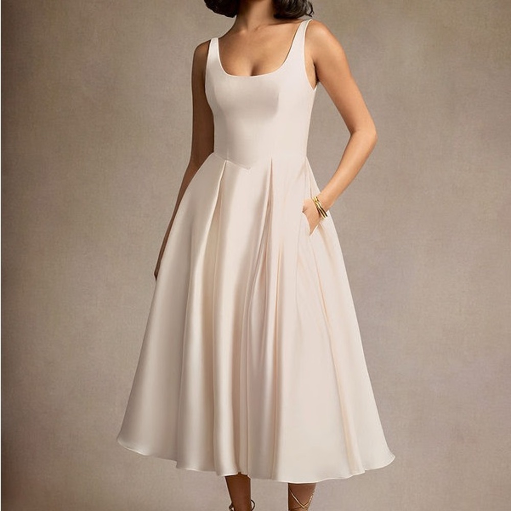 Cream Pleated Midi Dress